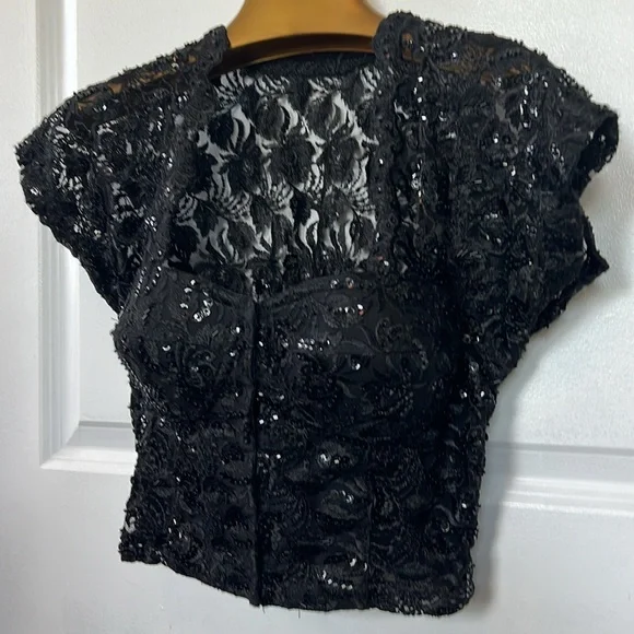 Rare vtg 90s BLACK LACE BUSTIER crop top sequins beads eyelets size 34 Madonna - Picture 4 of 12